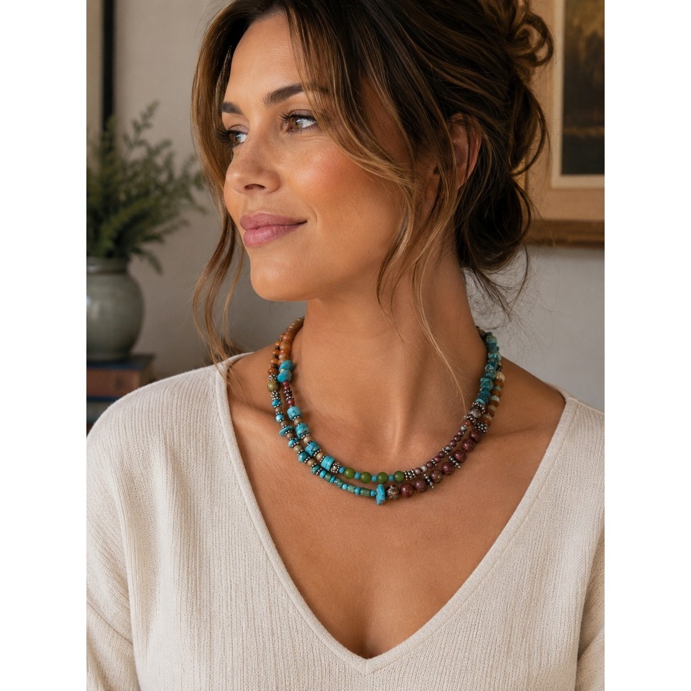 32" Long Beaded Necklace Multicolor Semi Precious Gemstone Turquoise Lapis Boho